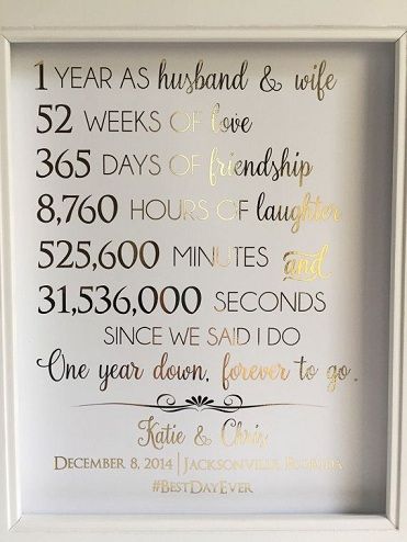 a white frame with gold foil lettering and a date in the bottom right corner that says, 1 year as husband & wife