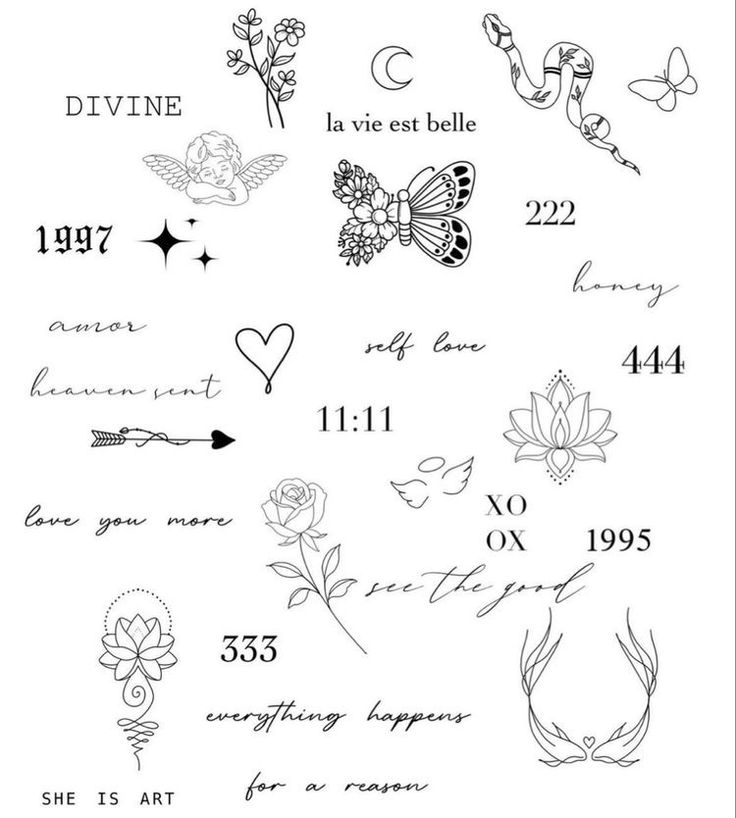 some tattoos are shown on the back of a sheet of paper with words and flowers