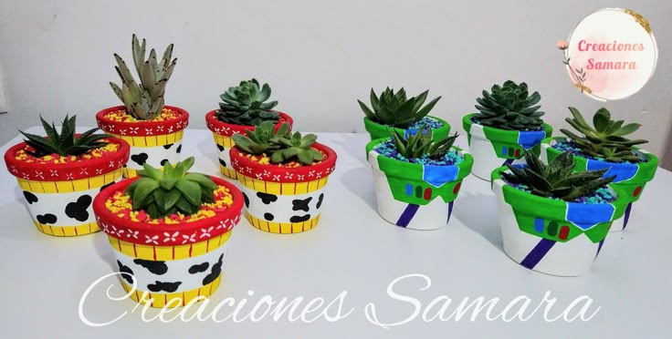 several potted plants are sitting on a table with the words creaciones santa written above them