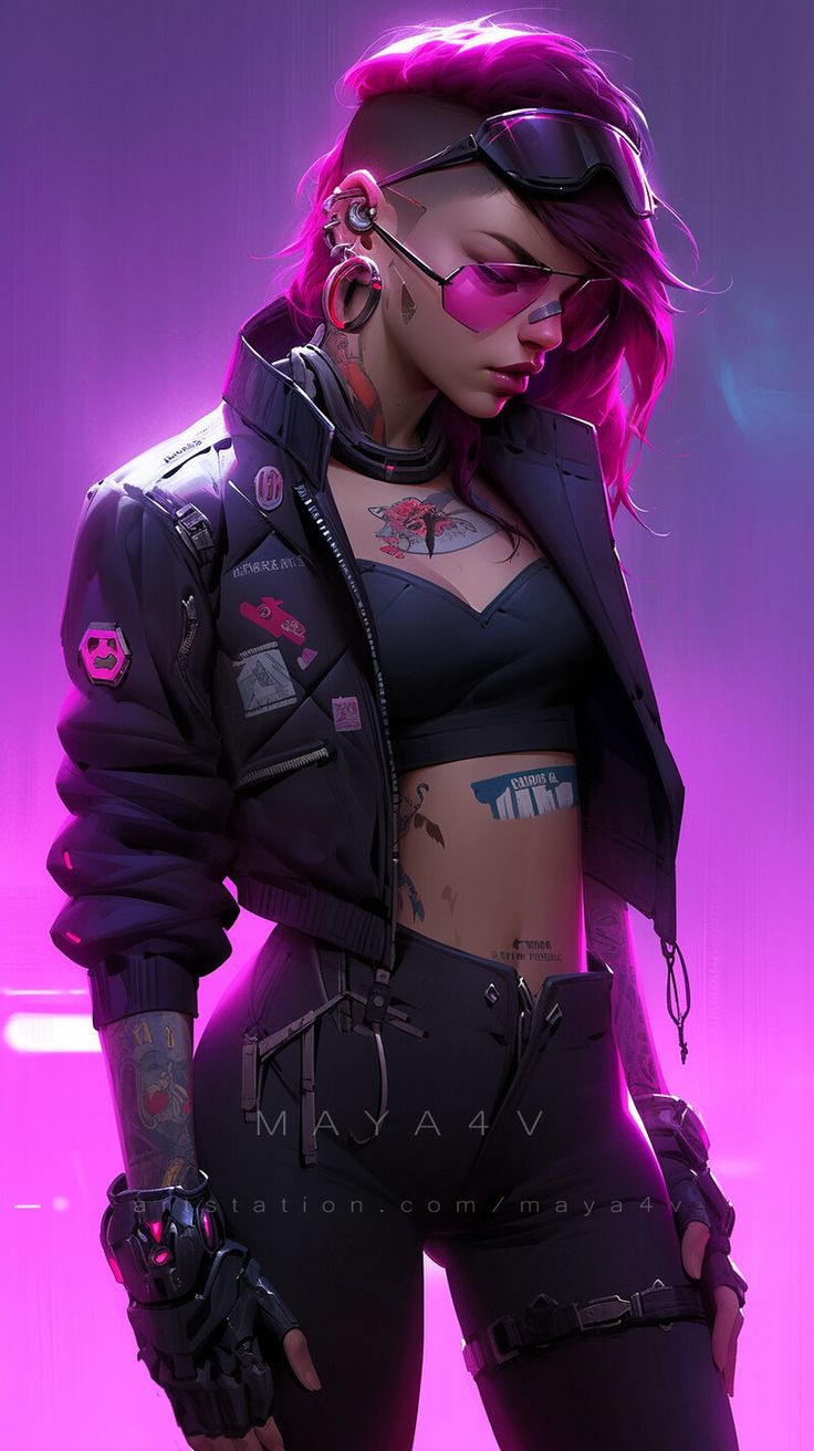 a woman with tattoos and piercings standing in front of a purple background wearing black clothing