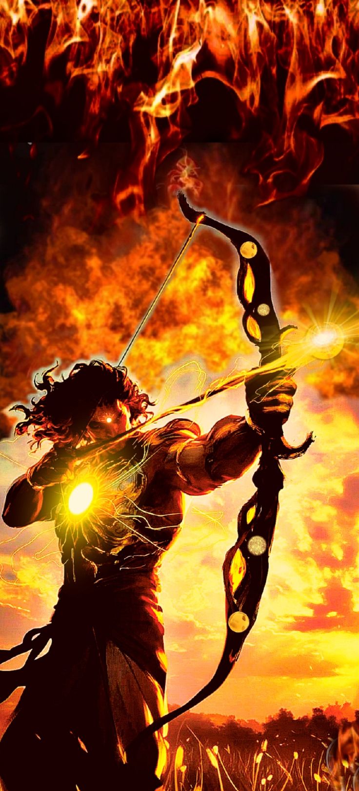 a woman holding a bow and arrow in front of a fire filled sky with clouds