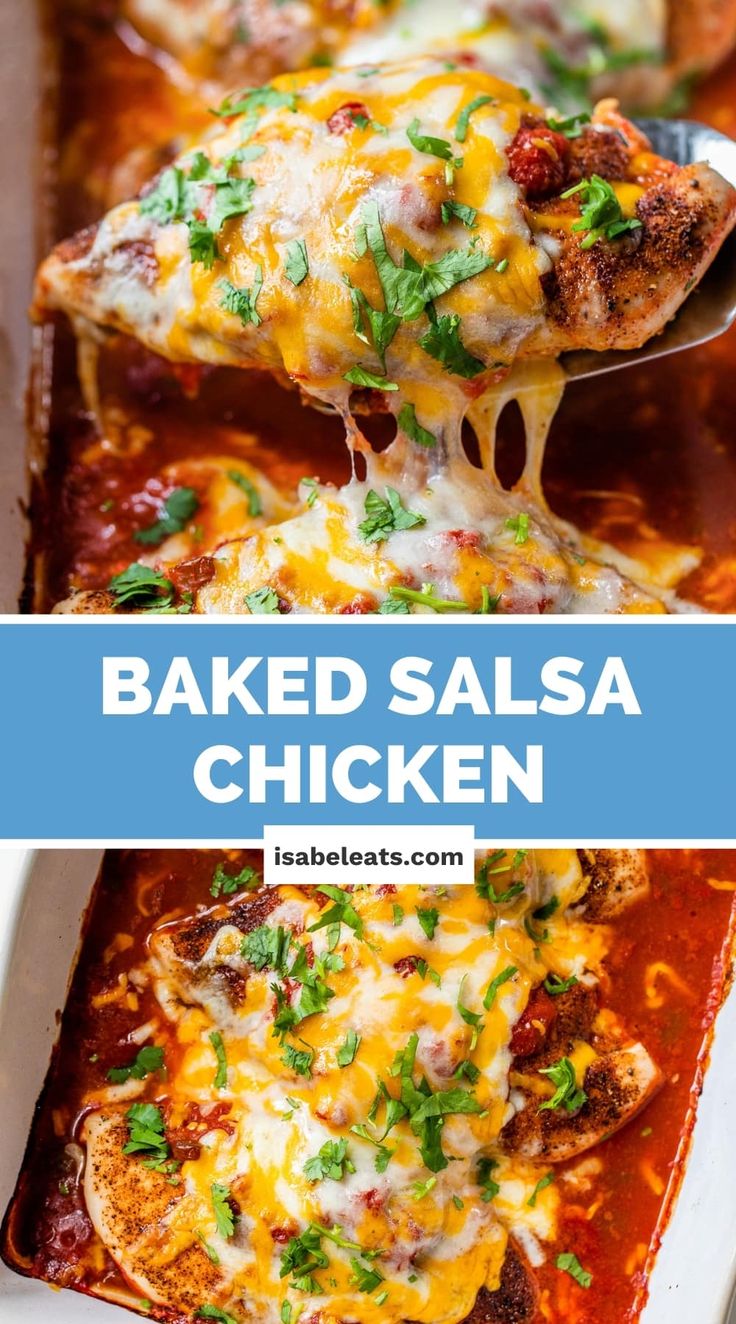 baked salsa chicken in a white casserole dish with a spoon scooping out