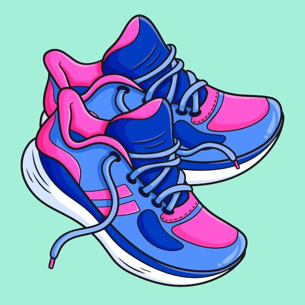 two shoes with blue and pink laces on them, one is in the air