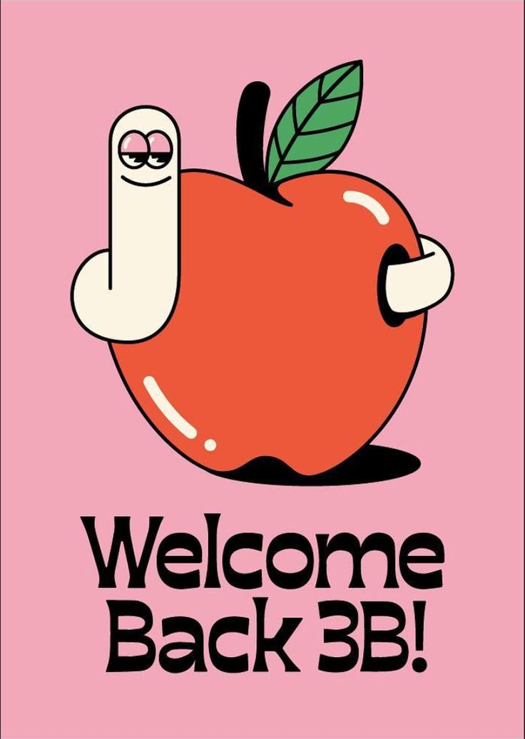 an apple with a worm sticking out of it's side and the words welcome back 3b