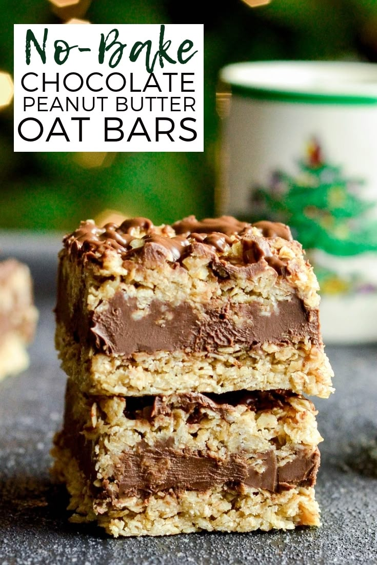 no - bake chocolate peanut butter oat bars stacked on top of each other