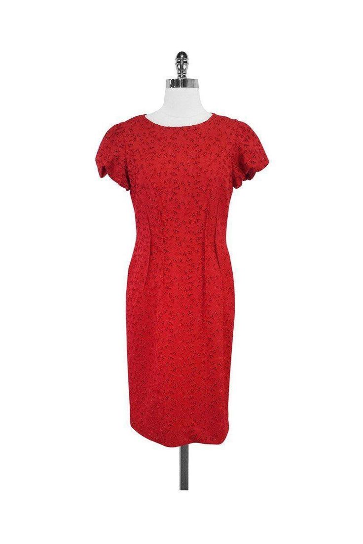 Current Boutique-Lafayette 148 - Red Eyelet Cotton Dress Sz 6 Fitted Sheath Midi Dress Lined, Knee-length Dress With Lined Fitted Waist, Short Sleeve Dresses With Lined Fitted Waist, Lined Dress With Fitted Waist And Short Sleeves, Short Sleeve Dress With Fitted Waist And Lining, Knee-length Fitted Lined Dresses, Red Fitted Knee-length Midi Dress, Fitted Red Dress With Back Zipper, Red Fitted Dress With Back Zipper