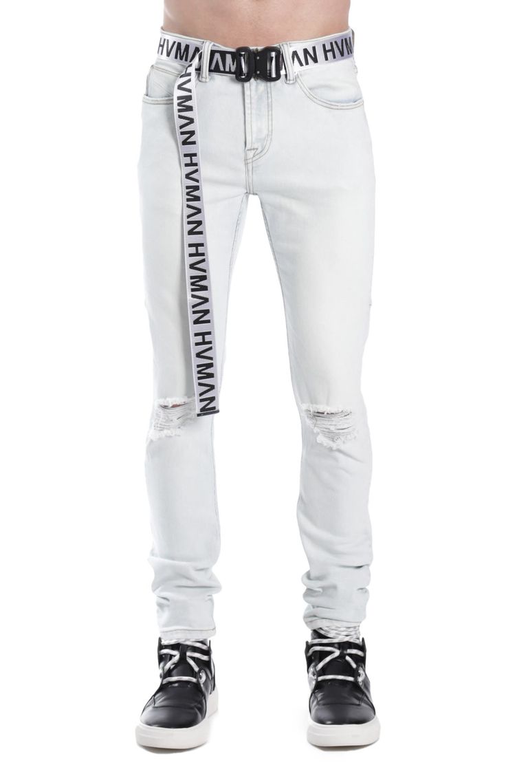 Deconstructed stretch denim puts a street-ready spin on stylish skinny jeans paired with a bold brand belt. 92% cotton, 4% polyester, 4% spandex Hand wash, line dry Imported Triangle Embroidery, Winter Knit Hats, Branded Belts, White Belt, Women Men Shoes, Trending Today, Jeans Shop, Stretch Denim, Denim Jacket