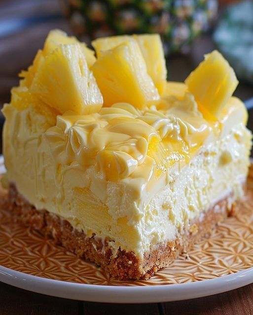 a piece of cheesecake with pineapple topping on a plate