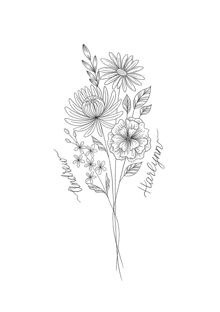 a black and white drawing of flowers on a white background