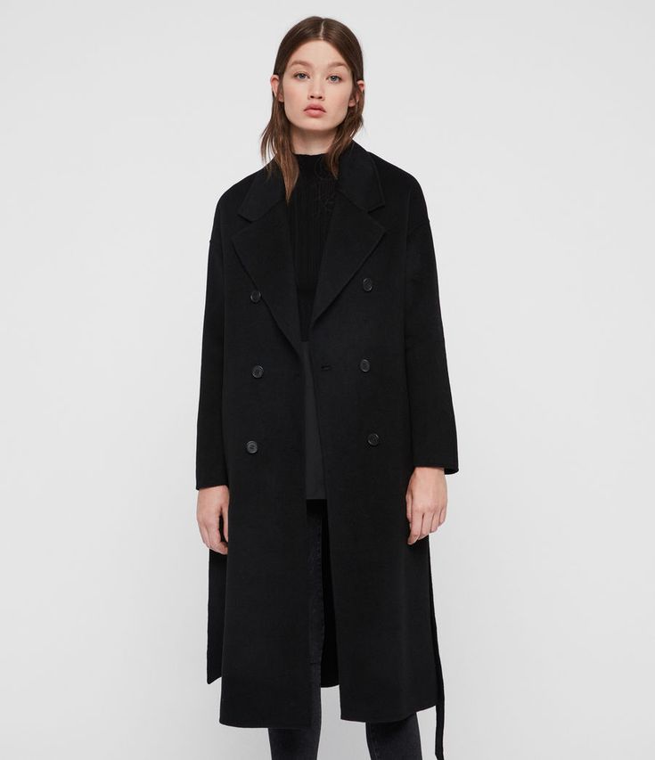 ALLSAINTS US: Womens Maddison Coat (black) Long Black Coat Women, Black Wool Coat Women, Black Wool Coat, Wool Coat Women, Wool Overcoat, Shearling Coat, Parka Coat, Coat Women, Black Wool