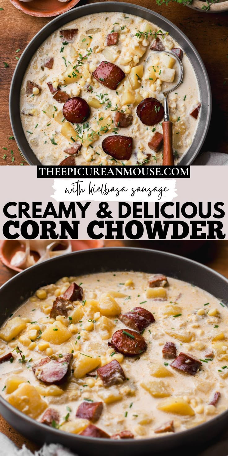 creamy and delicious corn chowder recipe with sausages, potatoes and cheese in a skillet