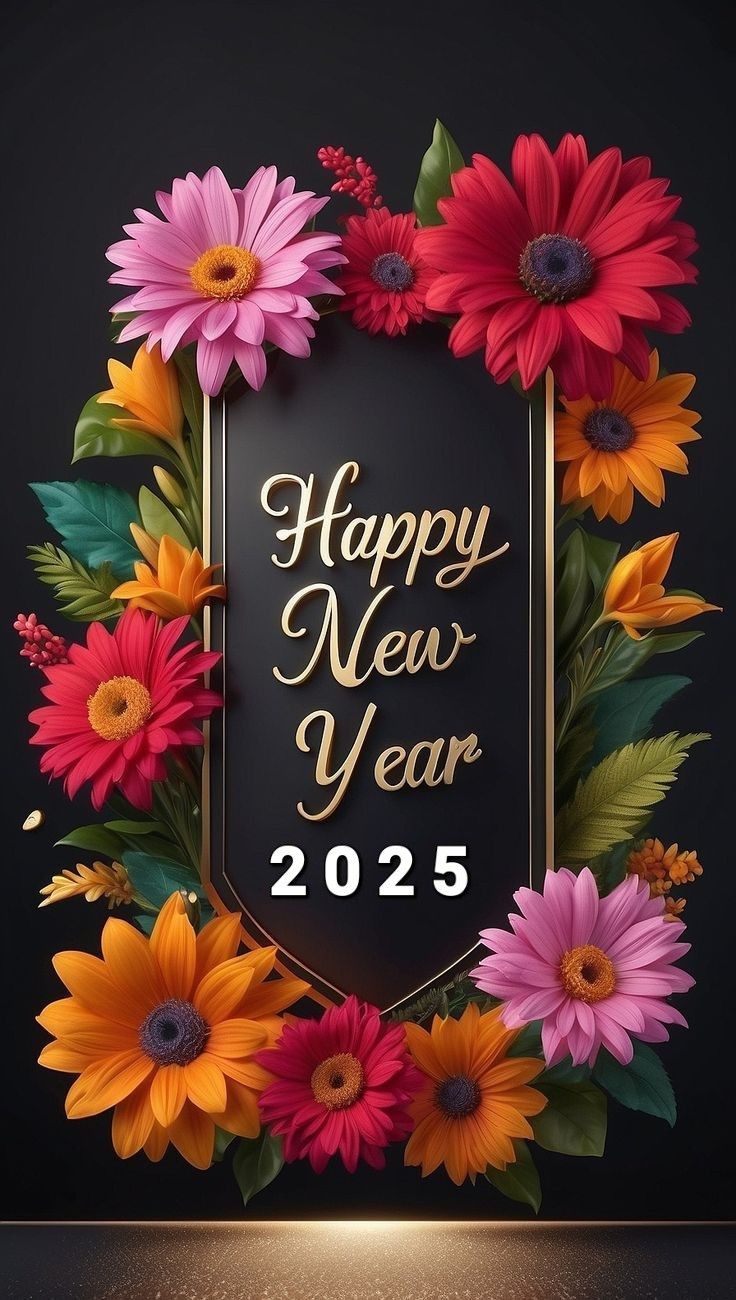 a happy new year card with flowers and leaves in the center on a black background