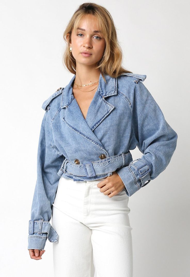 Experience timeless style with the Addison Denim Jacket! Made from light wash denim Spring Cropped Washed Denim Top, Long Sleeve Denim Outerwear With Belt Loops, Trendy Spring Outerwear With Belted Cuffs, Medium Wash Cropped Jacket For Spring, Spring Medium Wash Cropped Jacket, Chic Cropped Denim Jacket In Medium Wash, Chic Cropped Medium Wash Denim Jacket, Spring Cropped Jacket In Medium Wash, Spring Denim Cropped Jacket