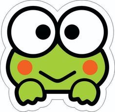 a green frog with big eyes sitting on top of a sticker that says happy