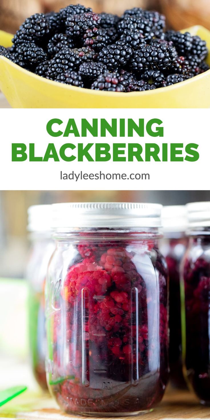 jars filled with blackberries sitting on top of a table