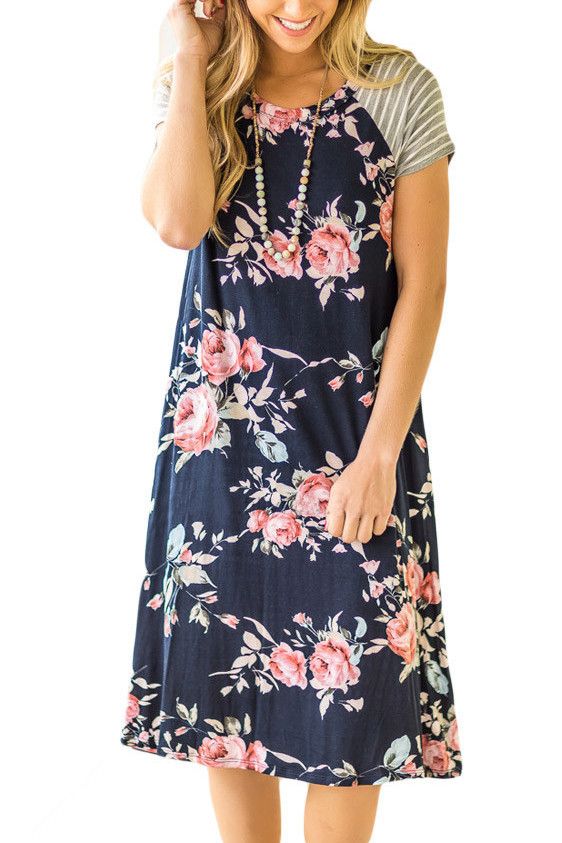 Navy Blue Floral Print A-line Loose T-shirt Dress Blue Casual T-shirt Dress For Spring, Casual Blue T-shirt Dress For Spring, Striped Floral Print Dresses For Spring, Spring Floral Print Striped Dresses, Flowy Casual Cotton Floral Dress, Casual Flowy Floral Dress, Casual Blue Floral Dress With Short Sleeves, Casual Cotton Floral Knee-length Dress, Casual Cotton Knee-length Floral Dress