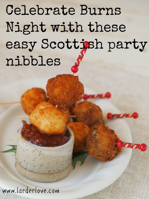 there is a small white plate with tater tots on it and the words night with these easy scottish party nibbles