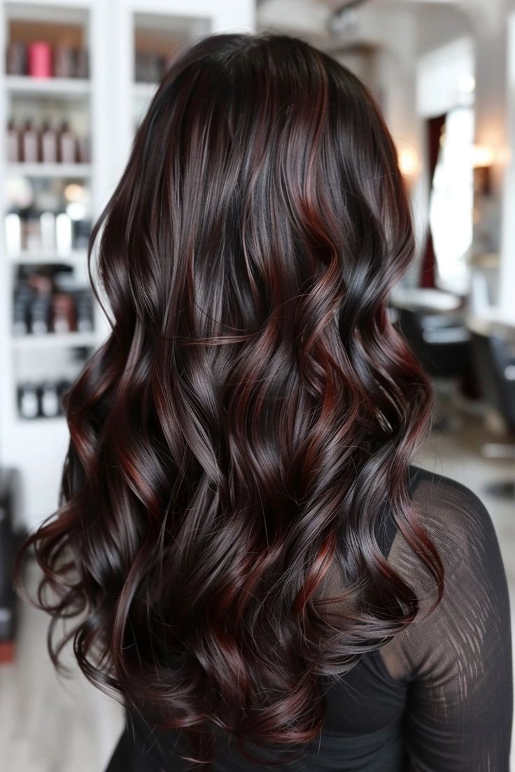 Fall Hair Color For Brunettes Red Dark Auburn Highlights, Dimensional Brunette With Red, Rich Dark Brown Hair With Highlights, Chocolate Cherry Highlights On Dark Hair, Cool Brown Highlights On Dark Hair, Hair Colors For Dark Brown Hair, Mahogany Balayage Brown Hair, Dark Brown Wedding Hair, Hair Color Trends Fall 2024