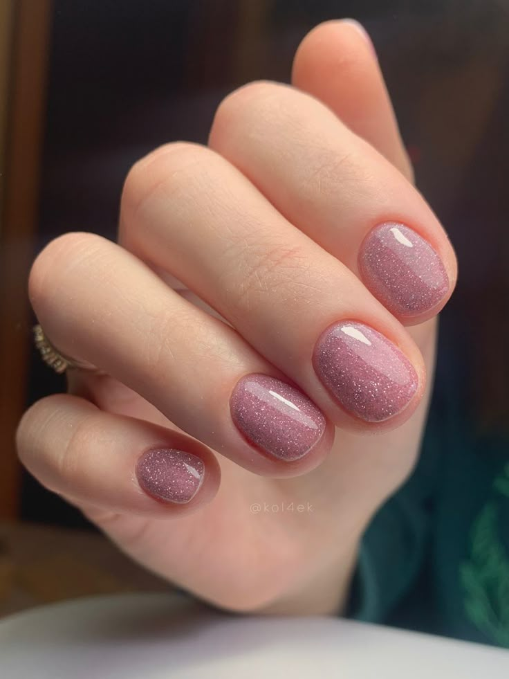 Dark Pink Sparkle Nails, Sparkle Short Nails, Pink Gelish Nails, Sparkly Short Nails, Sparkly Pink Nails, Cute Manicure, Sheer Nails, Velvet Nails, Squoval Nails