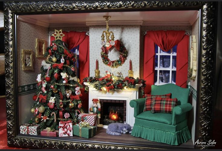 a miniature christmas tree in a living room with presents on the fireplace and other decorations