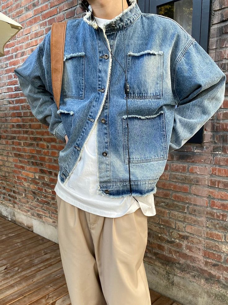 Model is 5ft 8.9''(175cm) tall, 122 lbs(55kg) weight and wearing a size L - WASHED BLUE- Stand collar- Distressed- Denim- Button-up Men's Winter Outfits, Light Wash Button-up Denim Jacket For Streetwear, Rugged Washed Denim Outerwear, Faded Washed Denim Button-up Jacket, Faded Long-sleeve Pre-washed Denim Jacket, Pre-washed Denim Blue Cotton Outerwear, Skirt Y2k, Spring Outfits Men, Workout Crop Top