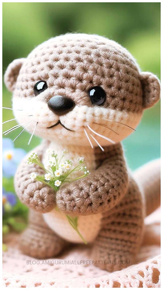 a small crocheted otter holding a flower