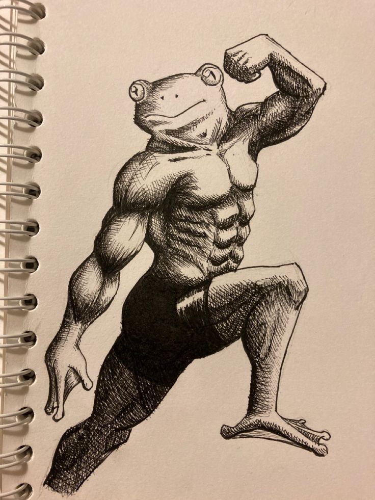 a drawing of a man with a frog on his head and arms in the air