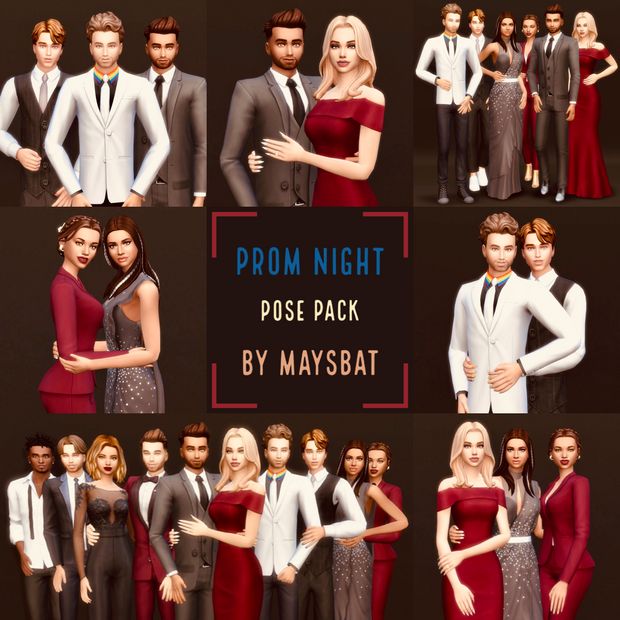 a group of people standing next to each other in front of a black background with the words prom night pose pack by maysbat