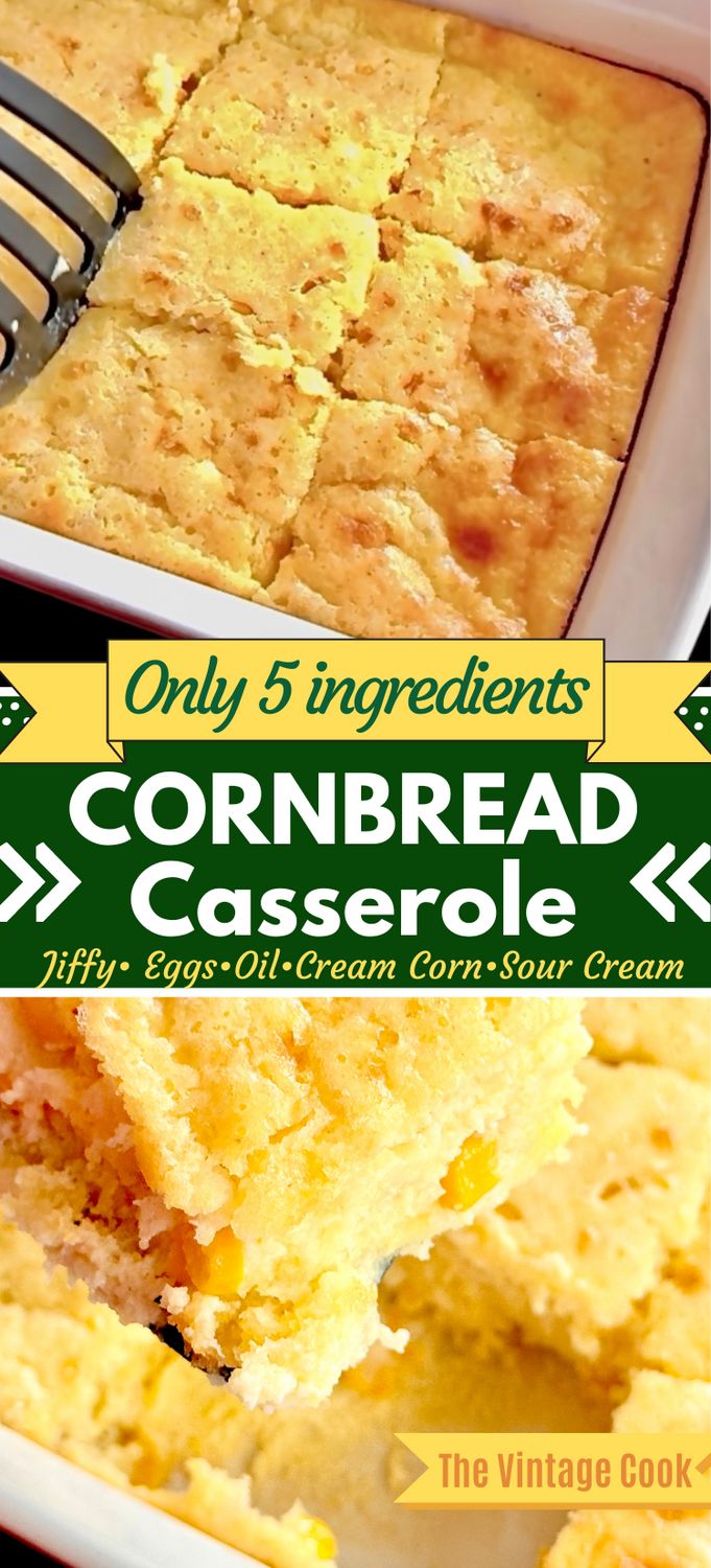 cornbread casserole in a white dish with a black fork and green lettering