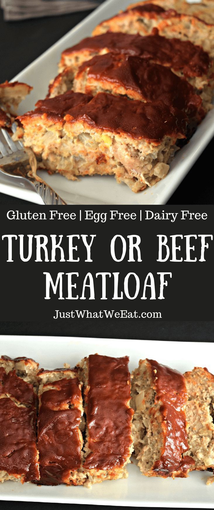 meatloaf on a plate with text overlay that says gluten free turkey or beef meatloaf