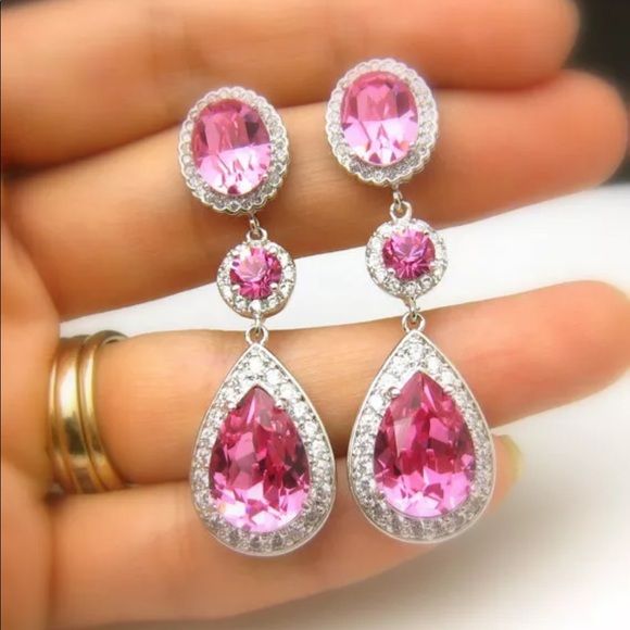 Pink Drop Jewelry For Anniversary, Pink Sterling Silver Jewelry For Party, Elegant Pink Sterling Silver Bridal Earrings, Pink Teardrop Jewelry For Party, Pink Sterling Silver Jewelry For Wedding, Pink Bridal Earrings As Gift, Pink Cubic Zirconia Dangle Jewelry, Pink Dangle Crystal Earrings For Gift, Pink Drop Earrings For Anniversary