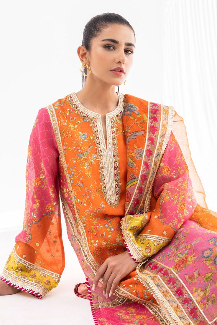 Mira (B) – Sania Maskatiya International Luxury Multicolor Tissue Silk Dupatta, Luxury Tussar Silk Dupatta For Celebration, Luxury Tissue Silk Dupatta With Kora, Orange Organza Set For Festivals, Orange Organza Festival Set, Festival Orange Organza Set, Orange Silk Salwar Kameez With Dupatta, Orange Resham Embroidery Lawn Suit For Eid, Orange Lawn Suit With Resham Embroidery For Eid