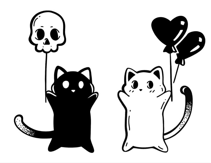 two black and white cats with balloons in the shape of hearts, one cat holding a skull