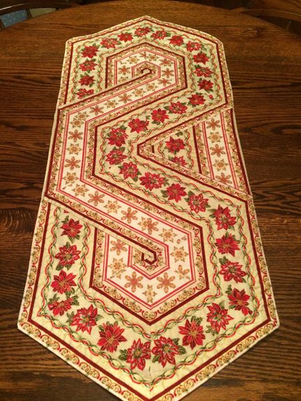 a red and white rug sitting on top of a wooden table