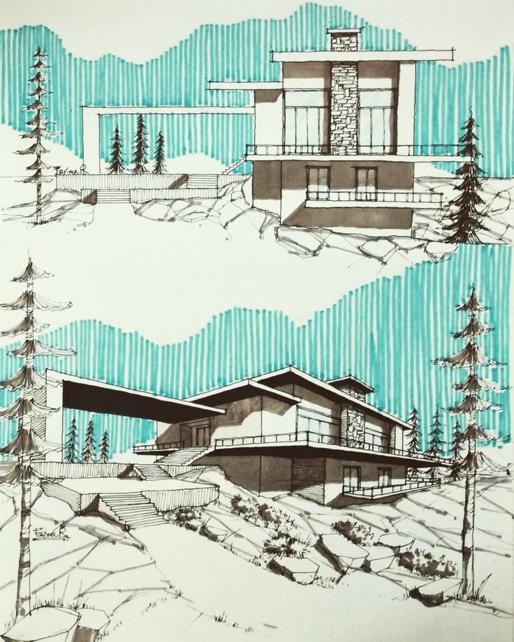 two drawings of houses in the snow with trees on each side and mountains behind them