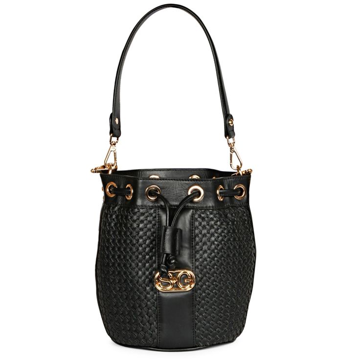 Versatile and visually stunning, the Hasley black leather bucket bag is an ultra luxe bag featuring an incredible hand woven upper , a padded leather handle and a detachable gold toned metal chain sling strap. The handy drawstring opening guarantees easy access. Made to be your new fashion favourite. Hang it on your shoulder to complement your blazer and pencil skirt ensemble. - Black handwoven leather upper - Cotton lined with drawstring closure. - Padded leather handle with a detachable metal Gold Bucket Bag With Metal Hardware, Chic Bucket Bag With Braided Handles As Shoulder Bag, Chic Shoulder Bucket Bag With Braided Handles, Evening Black Bucket Bag With Metal Hardware, Formal Bucket Hobo Bag With Gold-tone Hardware, Bucket Bag With Metal Hardware For Daily Use, Daily Use Bucket Bag With Metal Hardware, Trendy Evening Bucket Bag With Metal Hardware, Elegant Bucket Satchel With Metal Hardware