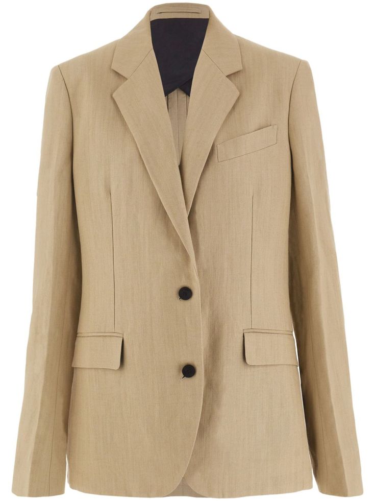 sand beige tailored design notched lapels front button fastening long sleeves buttoned cuffs chest welt pocket two front flap pockets English rear vents straight hem Tailored Design, Sand Beige, Breasted Blazer, Outerwear Women, Flap Pocket, Welt Pocket, Salvatore Ferragamo, Single Breasted, Blazer Jacket