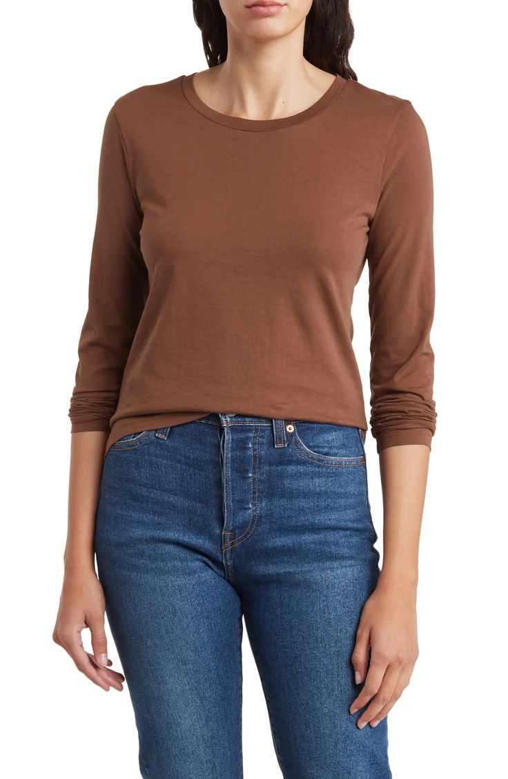 Nordstrom Crewneck Long Sleeve Pima Cotton T-Shirt | Nordstromrack Basic Brown Tops With Relaxed Fit, Basic Brown Long Sleeve T-shirt, Basic Brown Relaxed Fit Tops, Classic Fitted T-shirt For Fall, Brown Cotton Crew Neck Top, Brown Relaxed Fit Cotton Top, Classic Cotton Tops For Fall, Stretch Long Sleeve T-shirt For Everyday, Everyday Stretch Long Sleeve T-shirt