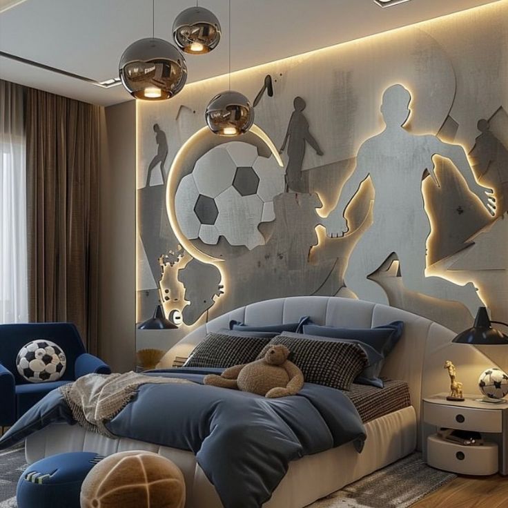 Football-themed boys' room with creative decor ideas. Features include football wall art, themed bedding, a goalpost headboard, a football rug and curtains, and football-themed storage solutions. Perfect for young sports enthusiasts! Boys Bed Rooms, Football Room Design, Boys Bedroom Ideas Soccer, Boys Room Football Theme, Cool Kids Bedrooms For Boys, Football Interior Design, Kids Bedroom Designs Boys, Football Themed Bedroom For Boys, Boys Room Cars