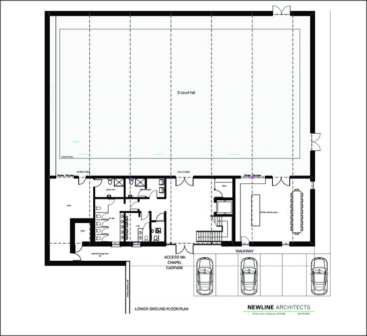 the floor plan for an office building with three parking spaces and two separate garages