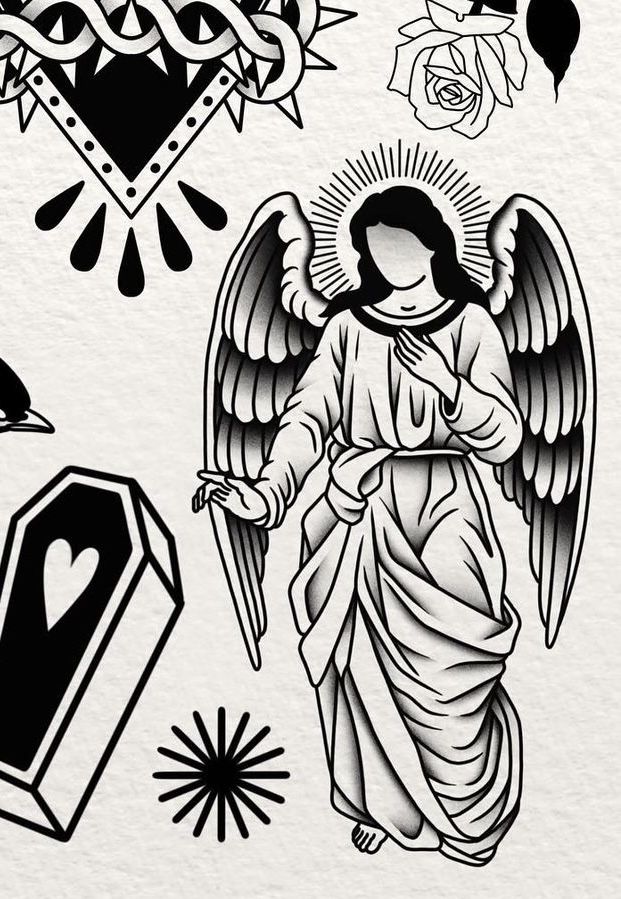 an angel tattoo design with different designs on the back of it, including a heart and cross