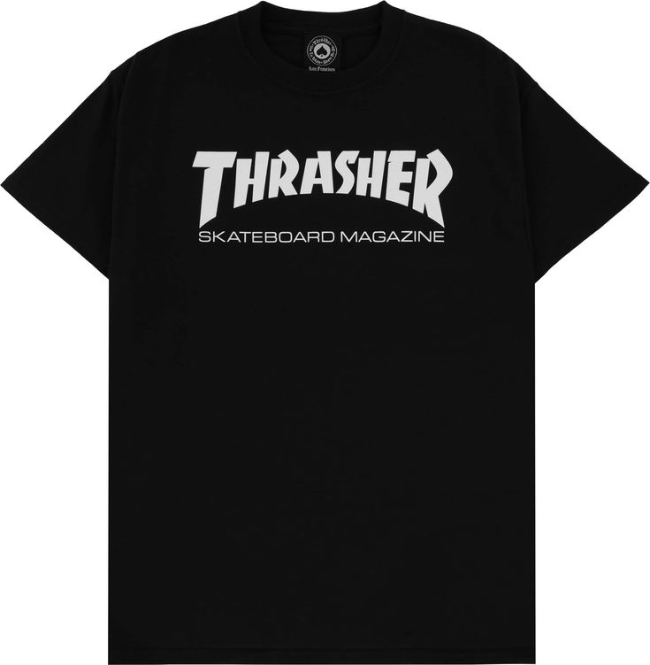 The Skate Mag tee features the classic Thrasher logo we all know and love. Classic Screen Print T-shirt For Streetwear, Classic T-shirt With Logo Lettering For Streetwear, Black Graphic Tee For Skateboarding, Black Logo Print Top For Skateboarding, Black Tops With Logo Print For Skateboarding, Black Screen Print T-shirt, Classic Streetwear T-shirt With Screen Print, Classic Black T-shirt With Letter Print, Black Short Sleeve T-shirt For Skateboarding