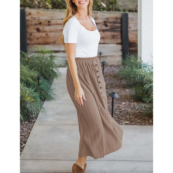 Khaki Elastic Waist Pleated Button Midi Skirt Casual Long Skirt With Button Closure, Brown Skirt With Button Closure For Summer, Brown Button Closure Skirt For Summer, Casual Maxi Skirt With Button Closure, Casual Maxi Skirt With Button Closure For Day Out, Casual Buttoned Maxi Skirt For Day Out, Buttoned Long Skirt For Day Out, Long Skirt With Buttons For Day Out, Casual Button-up Relaxed Skirt