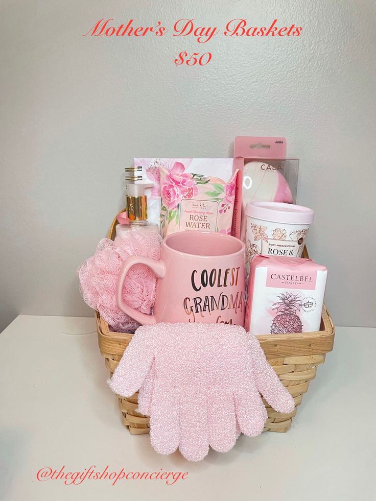 the mother's day gift basket is shown with pink gloves, mug and other items