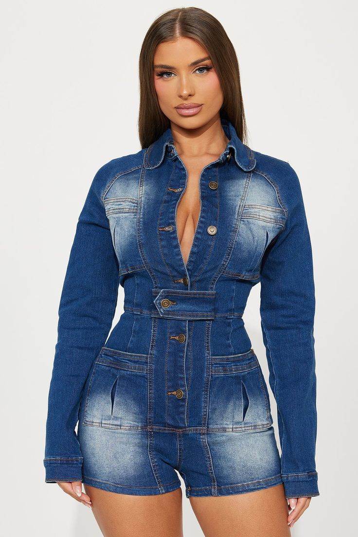 Fitted Denim Jacket With Buttoned Pockets And Collar, Fitted Long Sleeve Denim Dress With Button Closure, Fitted Collared Denim Jacket In Denim Blue, Fitted Collared Denim Jacket With Buttons, Fitted Collared Denim Jacket With Button Closure, Fitted Jeans With Snap Buttons, Medium Wash Button-up Denim Jumpsuit, Denim Blue Button-up Fitted Jeans, Button-up Fitted Denim Blue Jeans