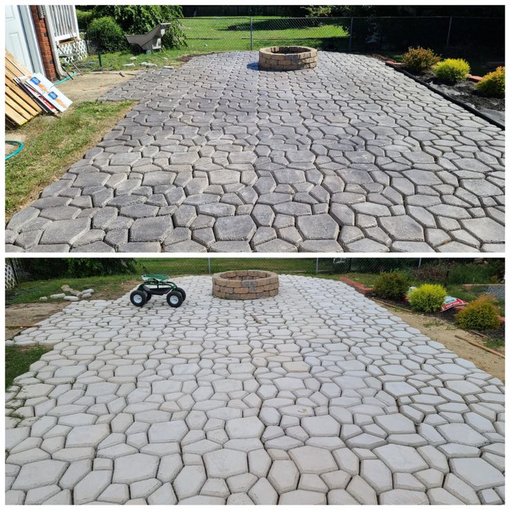 before and after photos of a driveway being paved with cobblestone pavers in front of a house