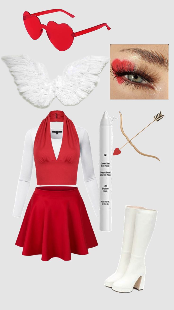 a woman's outfit with red and white accessories