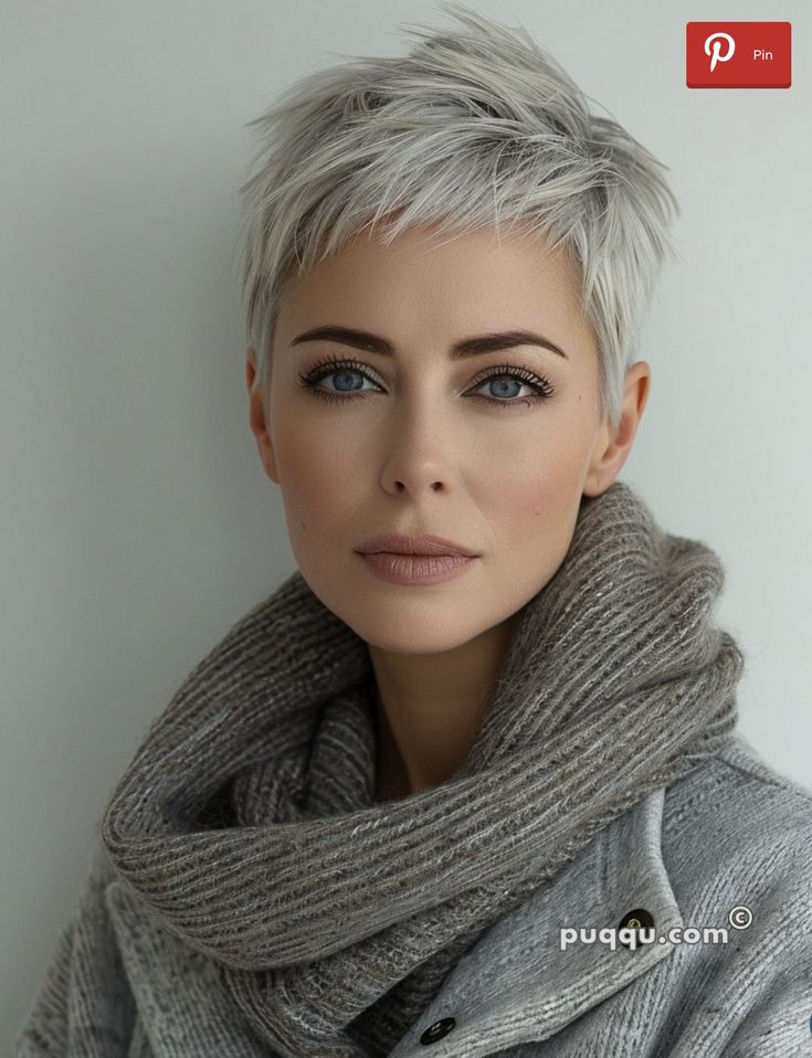 Short Hair At 50, Women’s Short Pixie Haircuts, Fauxhawk Pixie For Women, Short Gray Pixie Haircuts, What To Wear With Grey Hair, Bright Blonde Hair Short, Short Pixie Grey Hair, Pixie Cuts For Round Faces Plus Size, Pixie Cuts For Square Faces