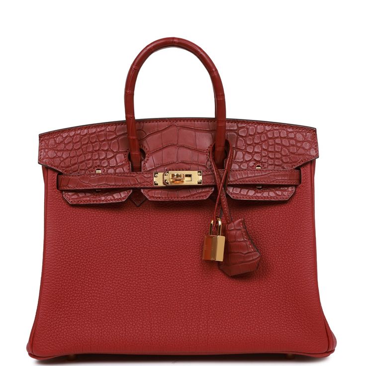 This Birkin is in Rouge Grenat matte Mississippienis alligator and togo leather with gold hardware and has tonal stitching, front strap, two straps with center toggle closure, clochette with lock and two keys and double rolled handles. The interior is lined with Rouge Grenat chevre and has one zip pocket with an Hermes engraved zipper pull and an open pocket on the opposite side. Collection: UOrigin: FranceCondition: Pristine; new or never (Plastic on hardware)Accompanied by: Hermes box, Hermes Dream Bags, Hermes Birkin 25, Hermes Box, Togo Leather, Birkin 25, Hermes Bags, Hermes Birkin, Bago, Birkin Bag