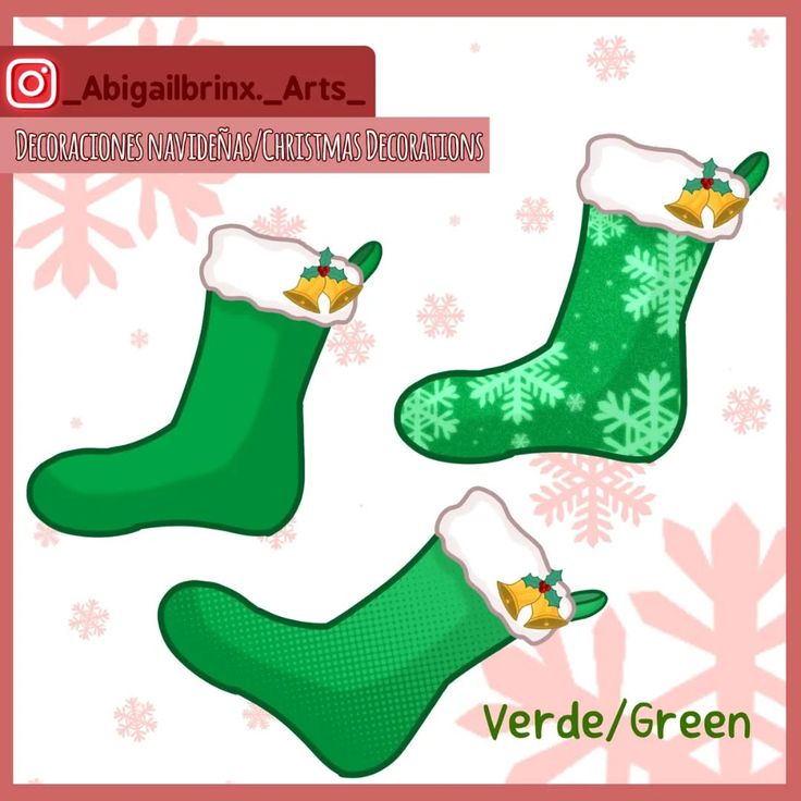 three green socks with bells on them and snowflakes in the background for christmas